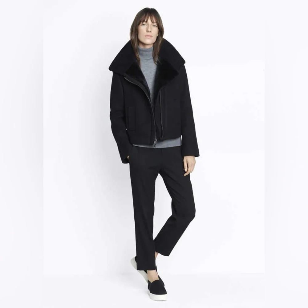 NWT $750 Vince Shearling Trimmed Fur Lined Wool Blend Moto Jacket in Black